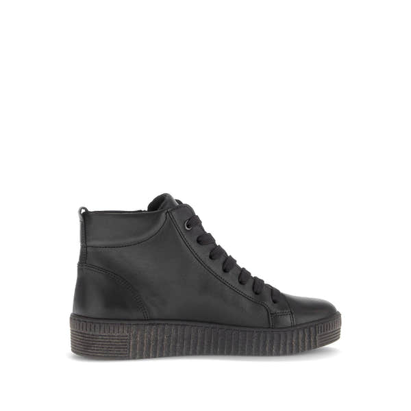 Gabor Lake Ladies Black & Grey Waxed Leather Ankle Boots with Zipper and Lace-up Details.