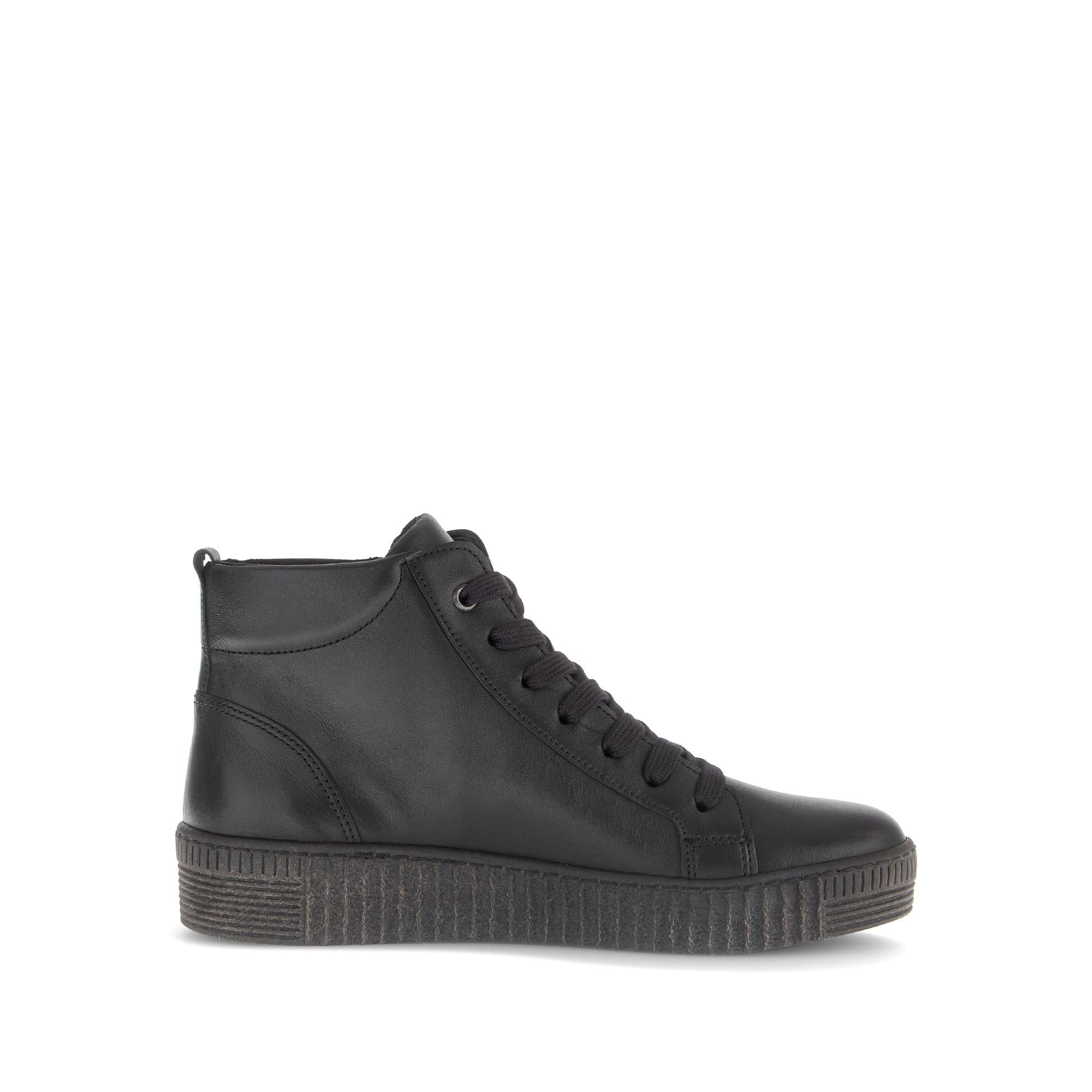 Gabor Lake Ladies Black & Grey Waxed Leather Ankle Boots with zip and lace-up design, platform sole, stylish and versatile footwear.