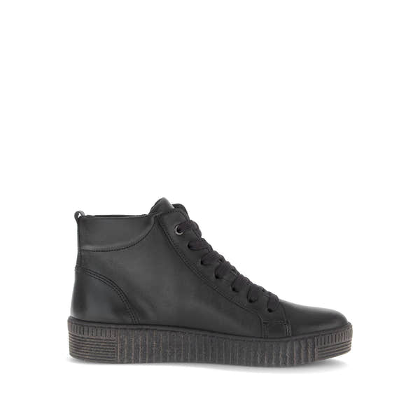Gabor Lake Ladies Black & Grey Waxed Leather Ankle Boots with zip and lace-up design, platform sole, stylish and versatile footwear.