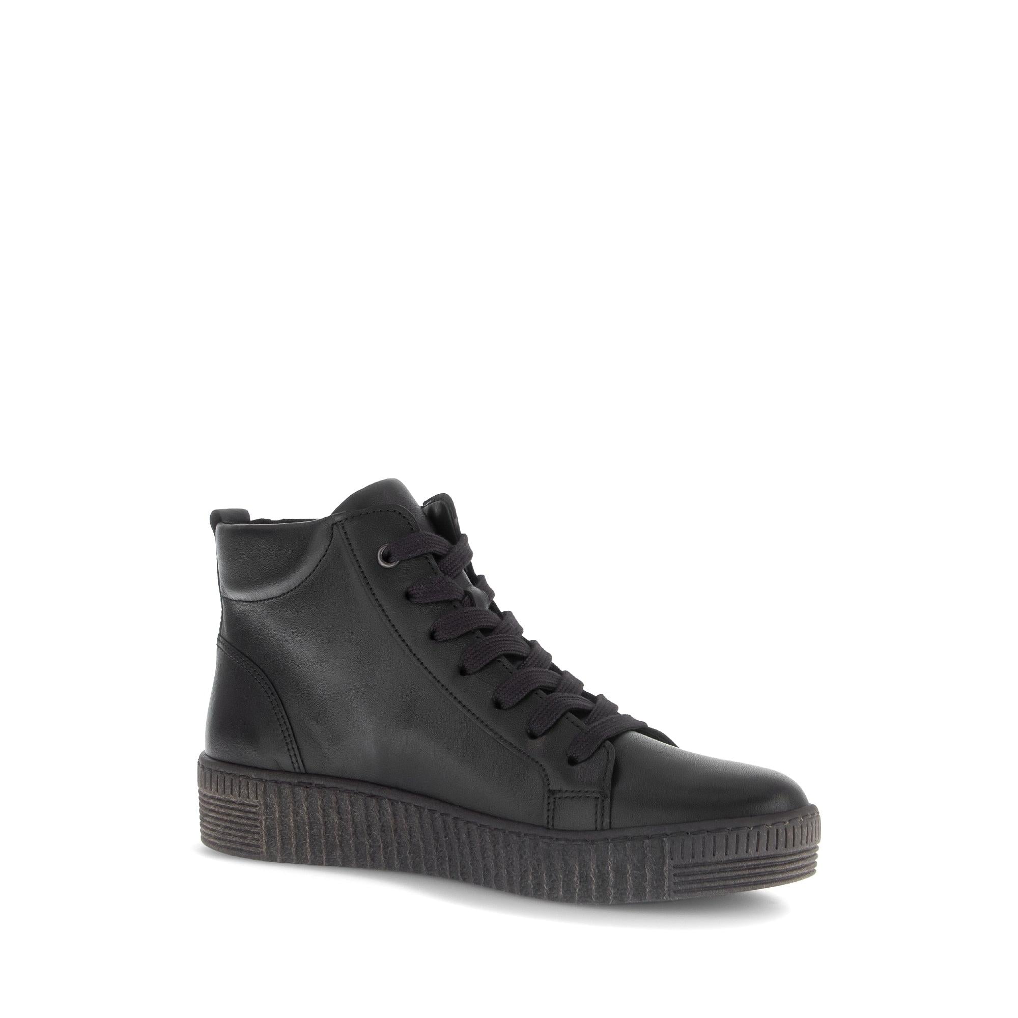 Gabor Lake Ladies black and grey waxed leather ankle boots with zip and lace-up features, with a chunky rubber sole.