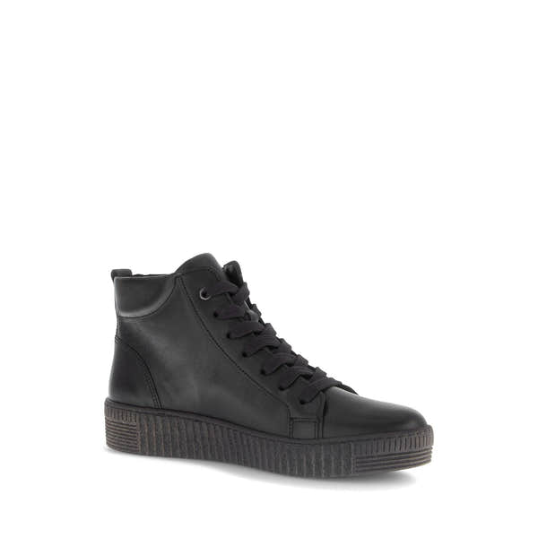 Gabor Lake Ladies black and grey waxed leather ankle boots with zip and lace-up features, with a chunky rubber sole.