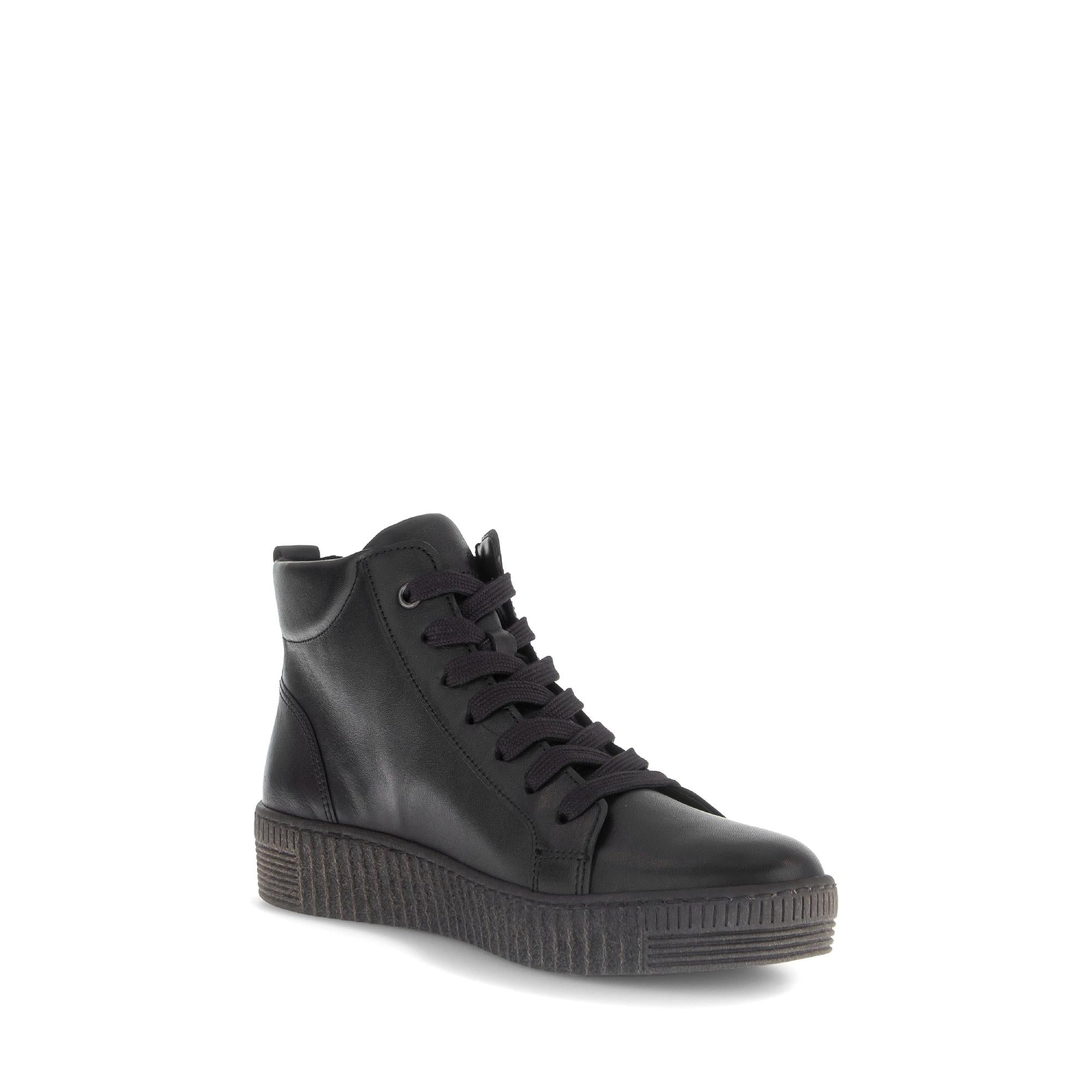 Gabor Lake Ladies Black & Grey Waxed Leather Ankle Boots with Zip and Lace details, wedge sole, stylish casual footwear.