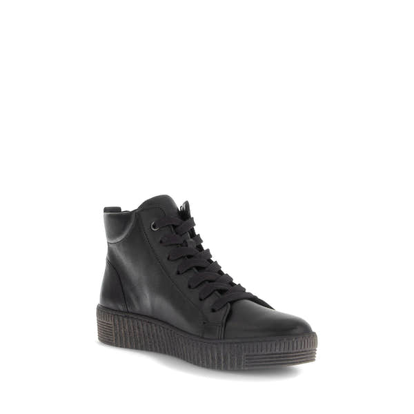 Gabor Lake Ladies Black & Grey Waxed Leather Ankle Boots with Zip and Lace details, wedge sole, stylish casual footwear.