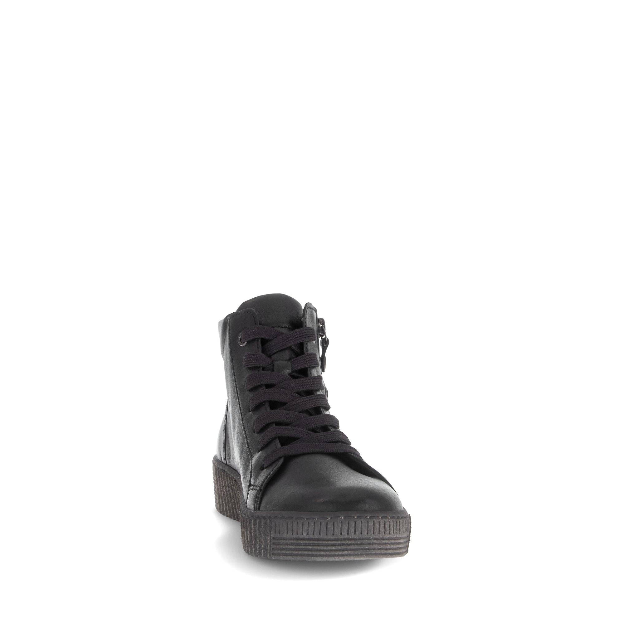 Gabor Lake Ladies Black & Grey Waxed Leather Ankle Boots with Zip & Lace Closure, Chunky Sole, stylish and durable footwear.