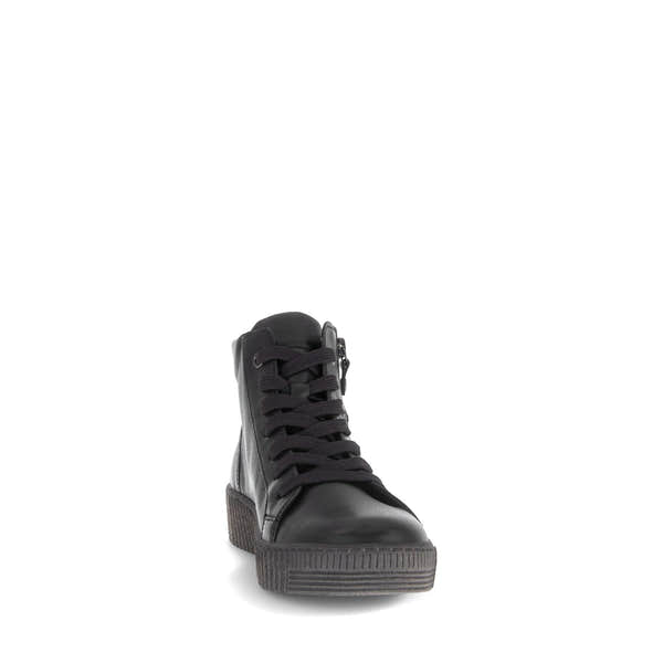Gabor Lake Ladies Black & Grey Waxed Leather Ankle Boots with Zip & Lace Closure, Chunky Sole, stylish and durable footwear.