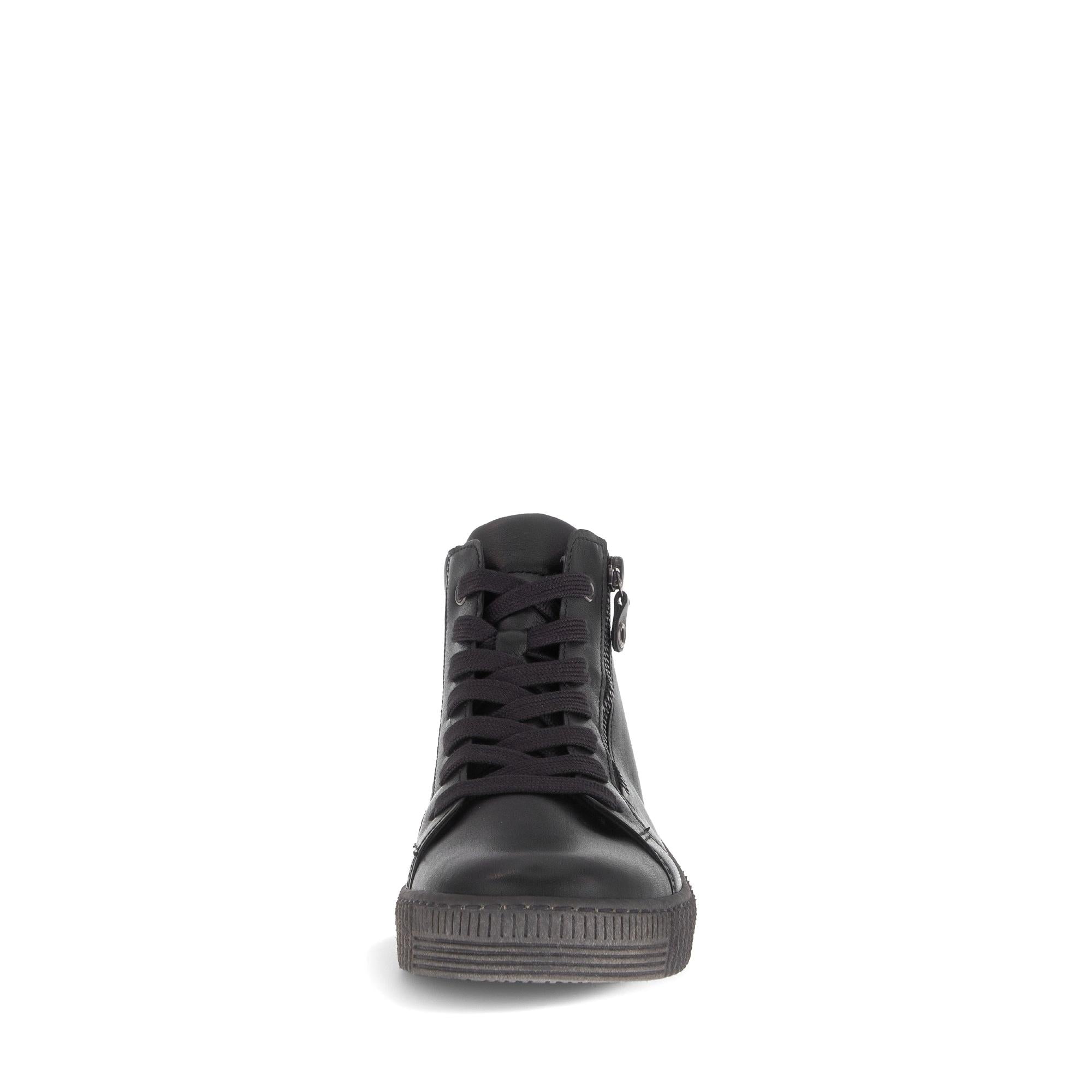 Gabor Lake Ladies Black & Grey Waxed Leather Ankle Boots with Zip and Lace-up Closure, rugged sole.