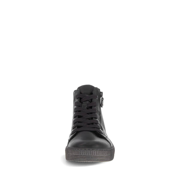 Gabor Lake Ladies Black & Grey Waxed Leather Ankle Boots with Zip and Lace-up Closure, rugged sole.
