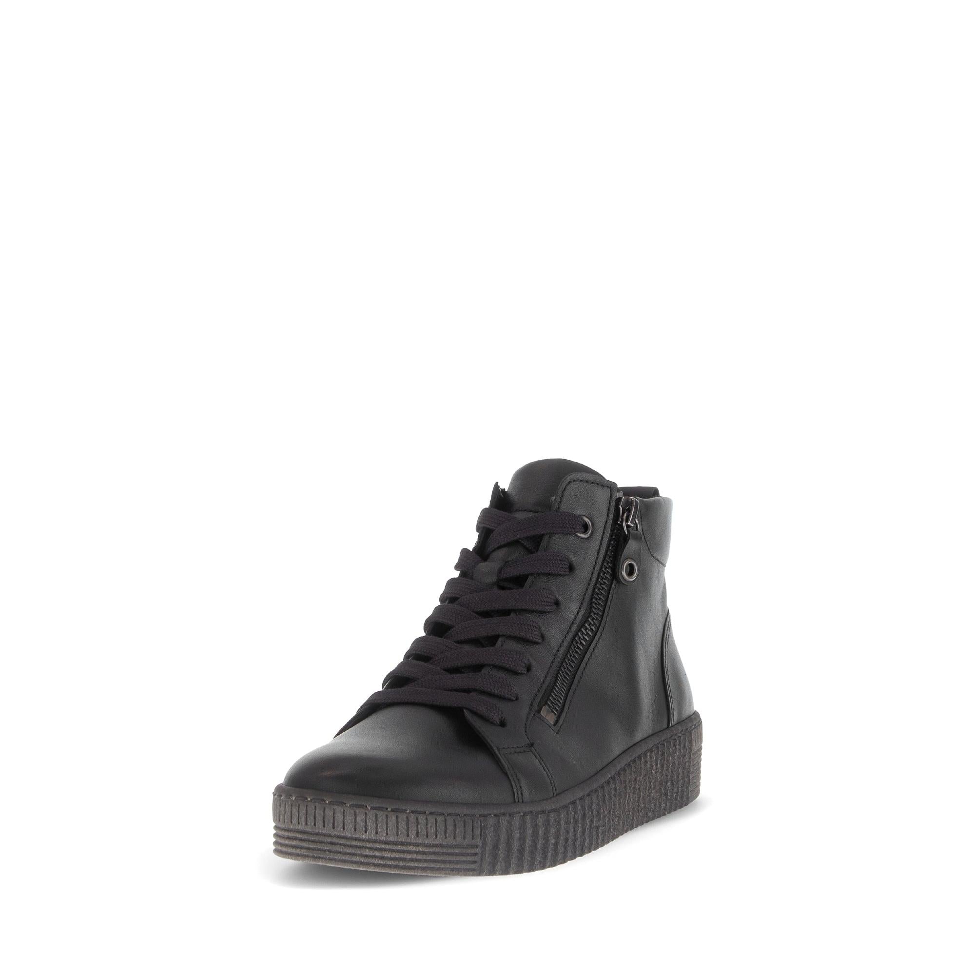 Gabor Lake Ladies Black & Grey Waxed Leather Zip & Lace Ankle Boots with platform sole.