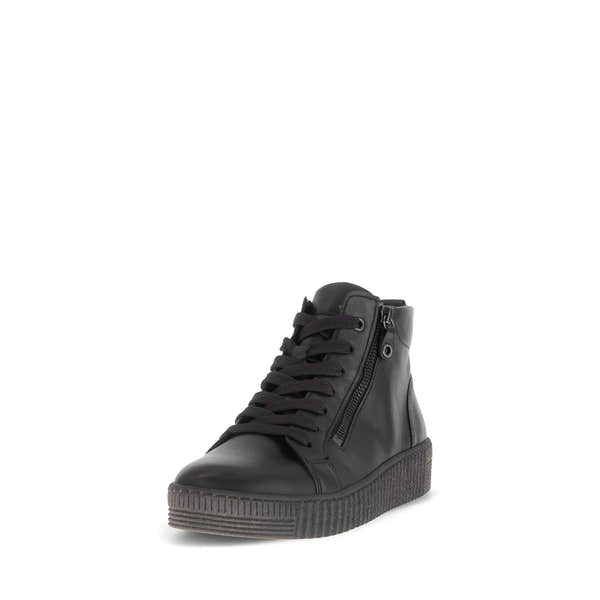 Gabor Lake Ladies Black & Grey Waxed Leather Zip & Lace Ankle Boots with platform sole.