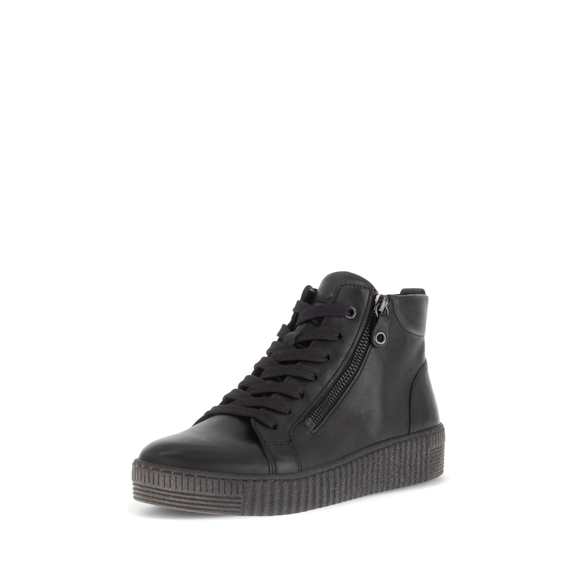 Gabor Lake Ladies Black & Grey Waxed Leather Ankle Boots with Zip and Lace Closure, Platform Sole.