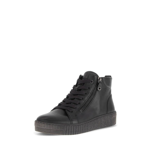 Gabor Lake Ladies Black & Grey Waxed Leather Ankle Boots with Zip and Lace Closure, Platform Sole.