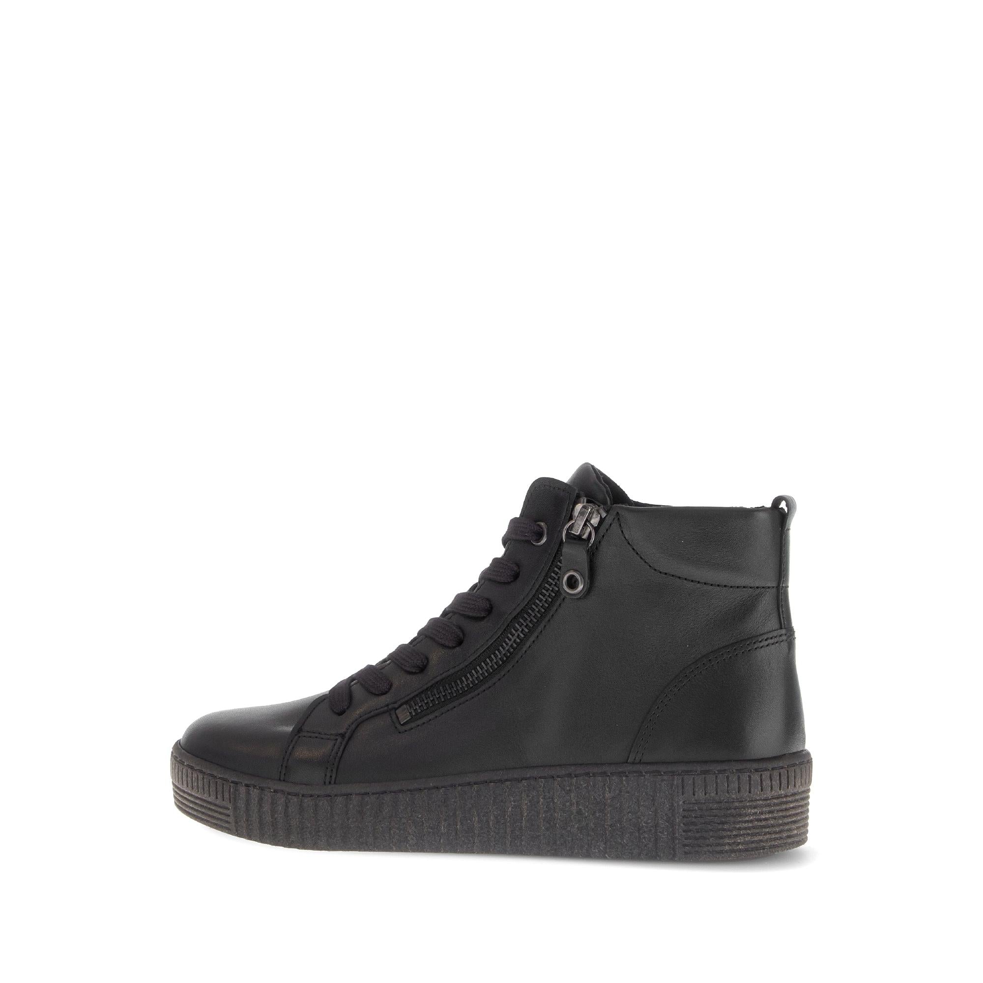 Gabor Lake Ladies Black & Grey Waxed Leather Ankle Boots with Zip and Lace Closure, Platform Sole, and Side Zipper Detailing.