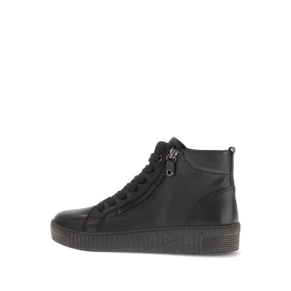 Gabor Lake Ladies Black & Grey Waxed Leather Ankle Boots with Zip and Lace Closure, Platform Sole, and Side Zipper Detailing.