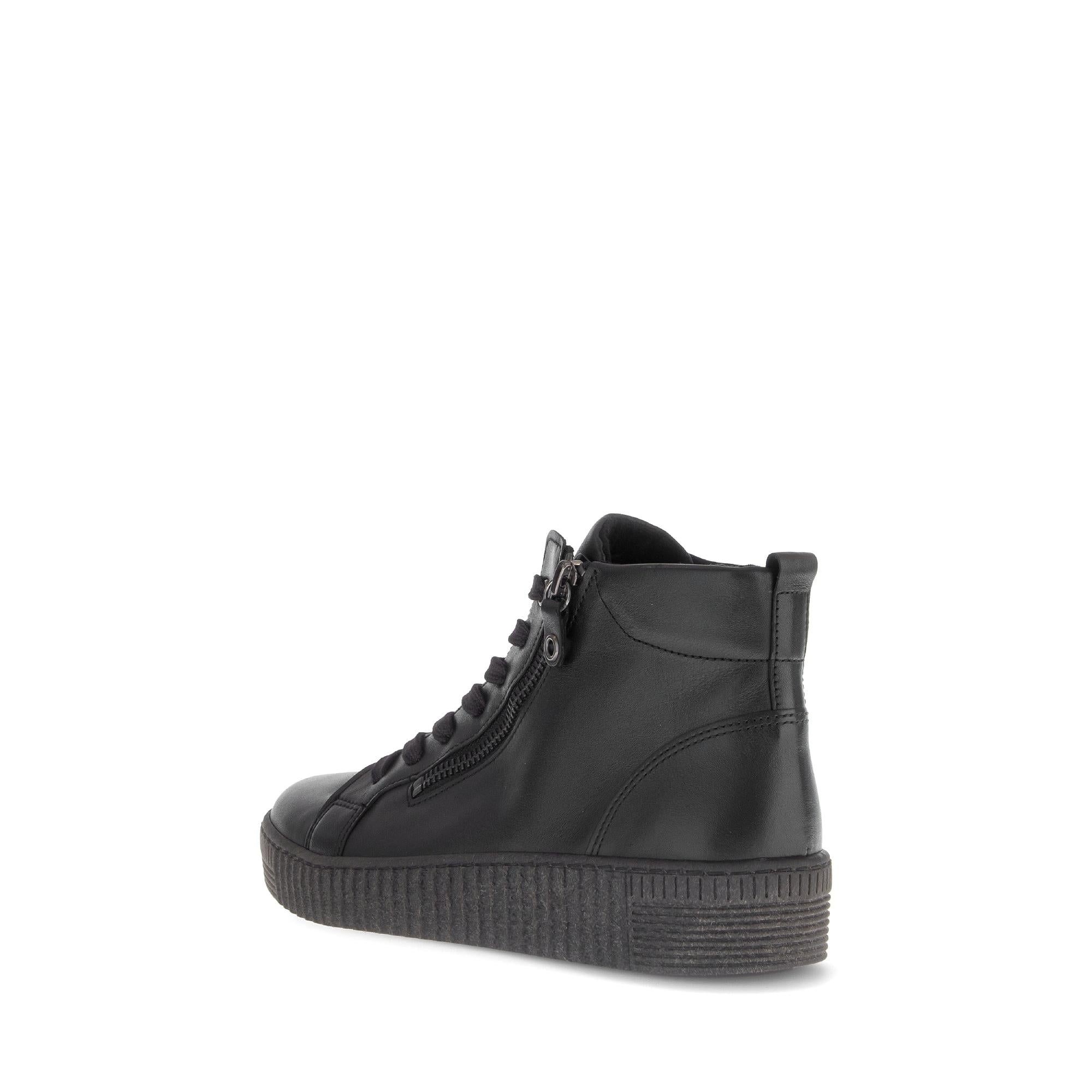 Gabor Lake Ladies Black & Grey Waxed Leather Ankle Boots with Zip and Lace Fastening, Platform Sole.