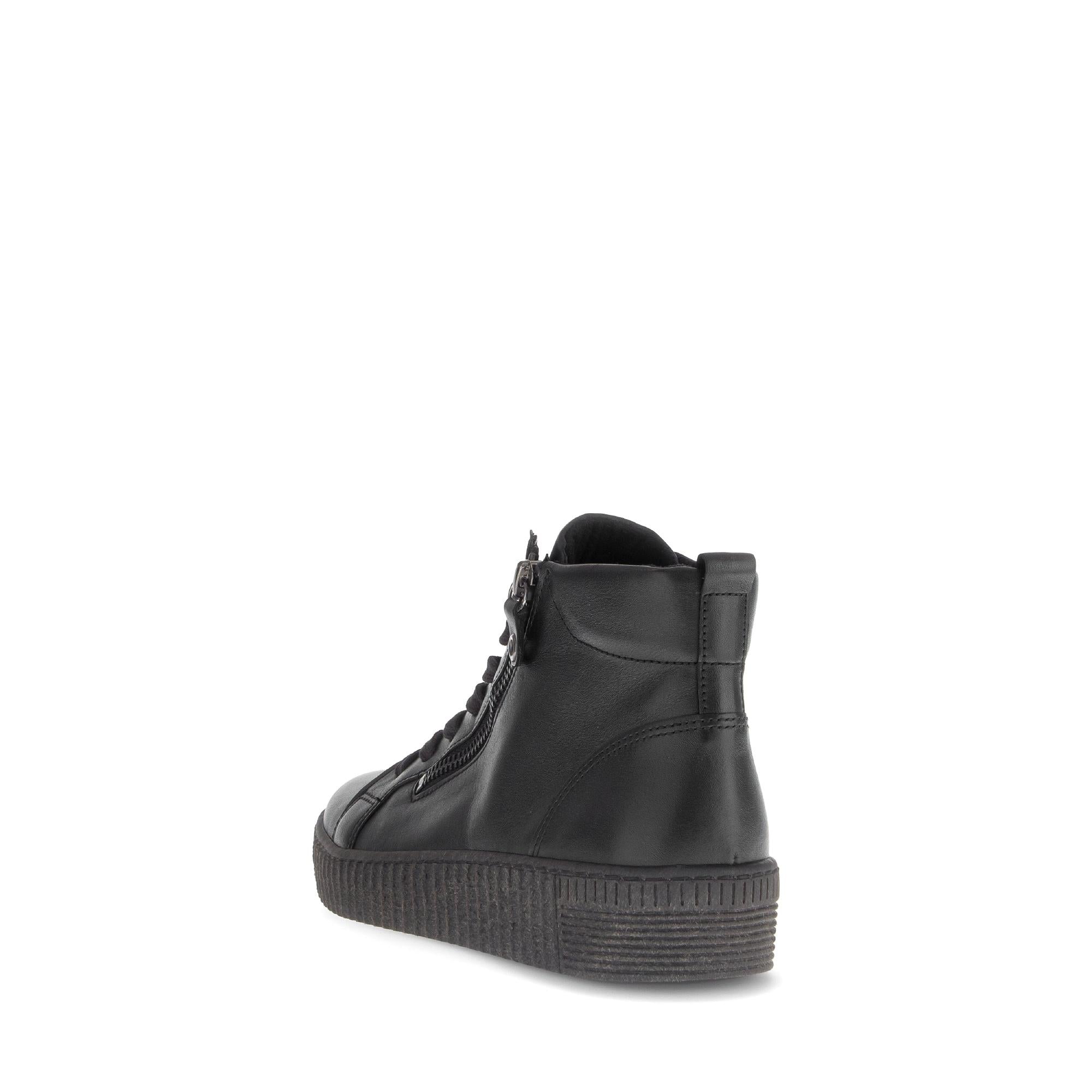 Gabor Lake Ladies Black & Grey Waxed Leather Ankle Boots with Zipper and Lace Detail, Cushioned Sole, and Stylish Design.