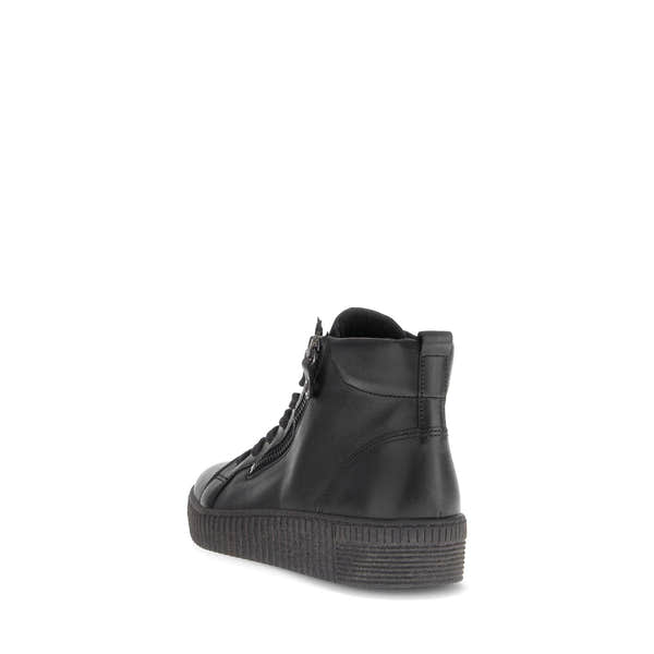 Gabor Lake Ladies Black & Grey Waxed Leather Ankle Boots with Zipper and Lace Detail, Cushioned Sole, and Stylish Design.