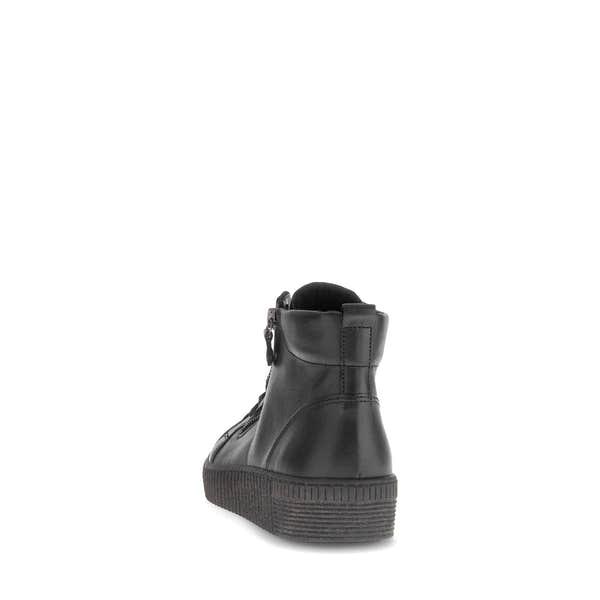 Gabor Lake Ladies black and grey waxed leather ankle boots with zip and lace closure, rugged sole, stylish and durable footwear.