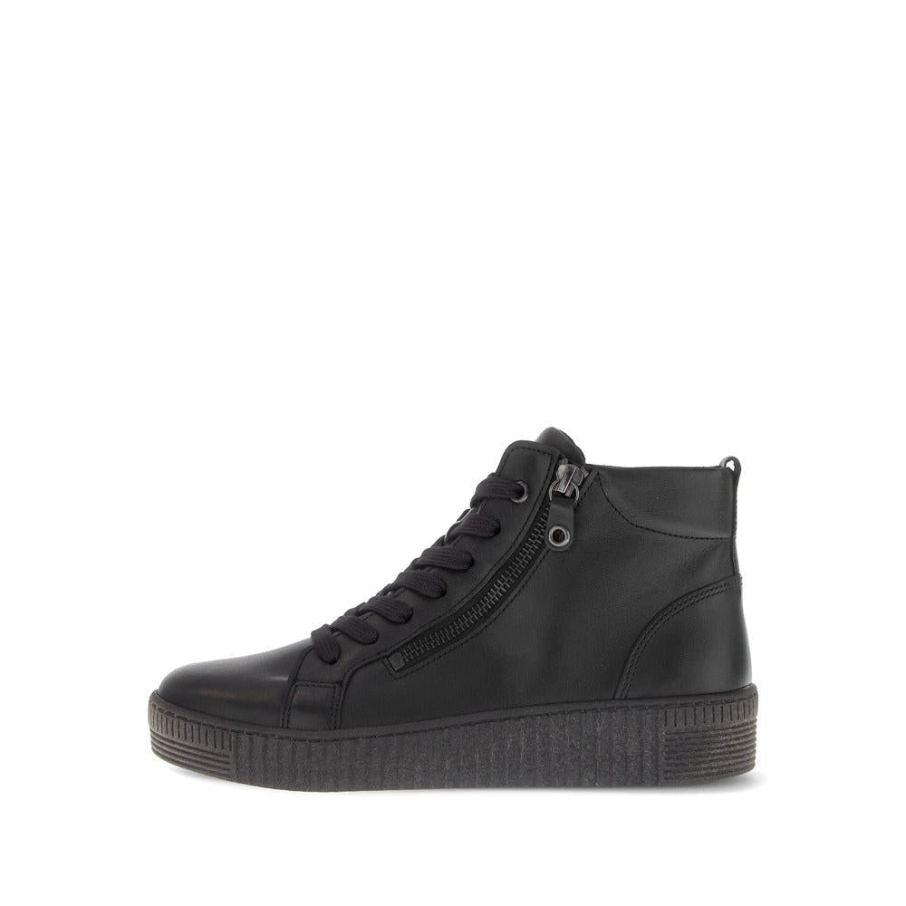 Gabor Lake Ladies Black and Grey Waxed Leather Ankle Boots with Zip and Lace Closure, Sturdy Sole, and High-Top Design.