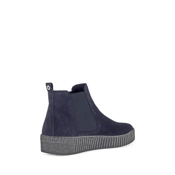 Gabor Lourdes Navy Velour Suede Pull-On Ankle Boots for women with elastic side panels and ribbed platform sole.