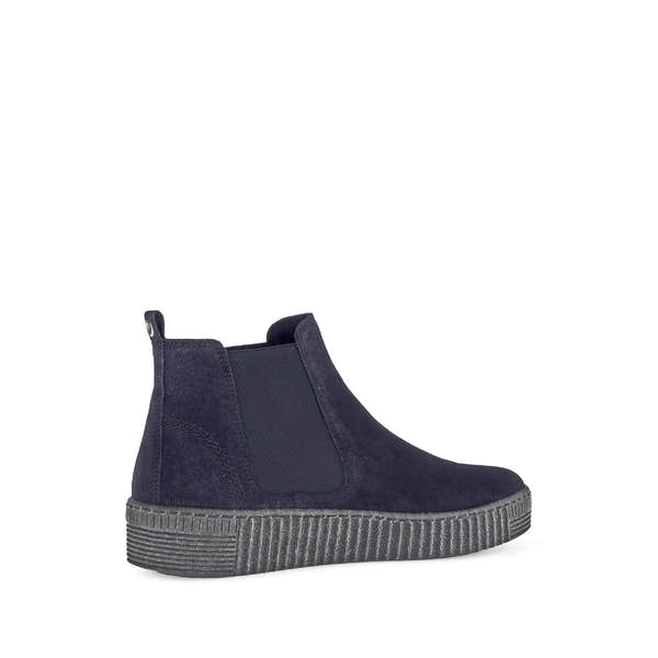 Gabor Lourdes Navy Velour Suede Pull-On Ankle Boots for women with elastic side panels and textured rubber sole.