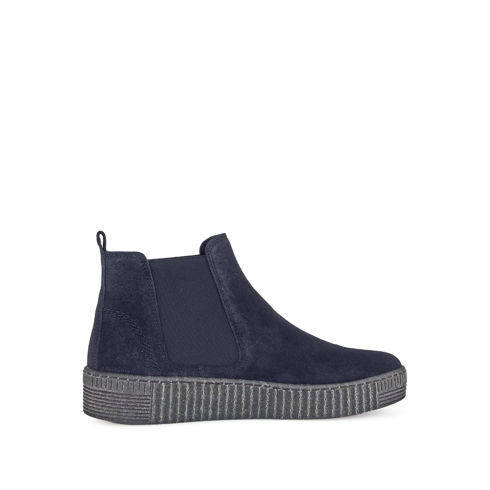 Gabor Lourdes Navy Velour Suede Pull-On Ankle Boots with ribbed rubber sole and elastic side panels for women.