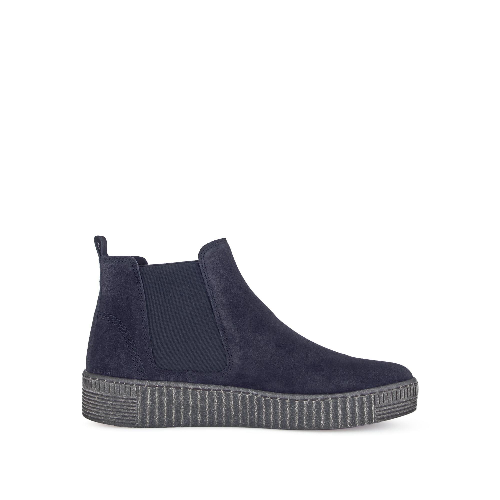 Gabor Lourdes Ladies Navy Velour Suede Pull-On Ankle Boots with elastic side panels and a textured rubber sole.
