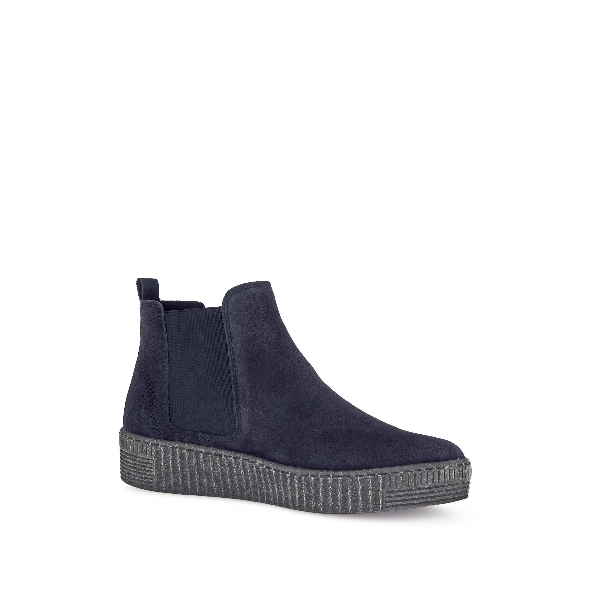 Gabor Lourdes Navy Velour Suede Pull-On Ankle Boots for women with elastic side panels and textured sole.