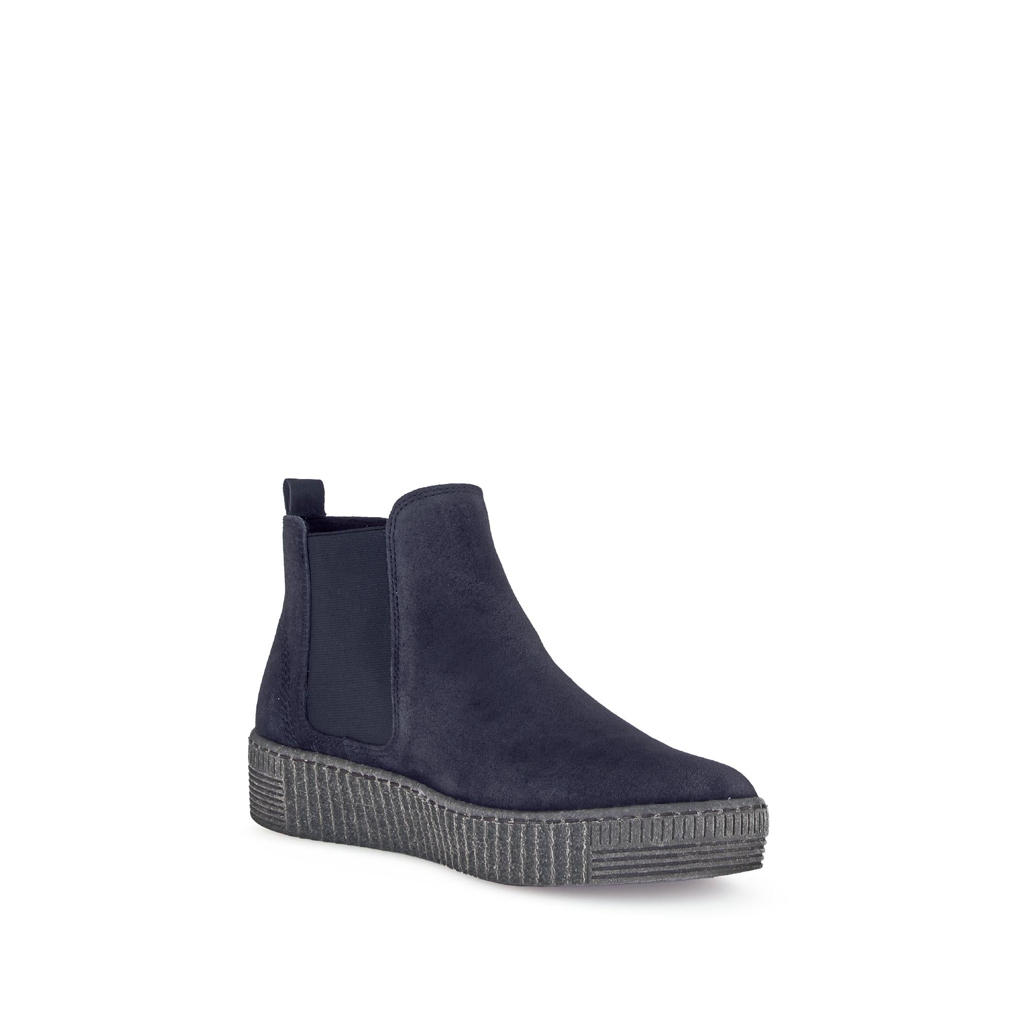 Gabor Lourdes Ladies Ocean Navy Velour Suede Pull-On Ankle Boots with chunky textured sole.
