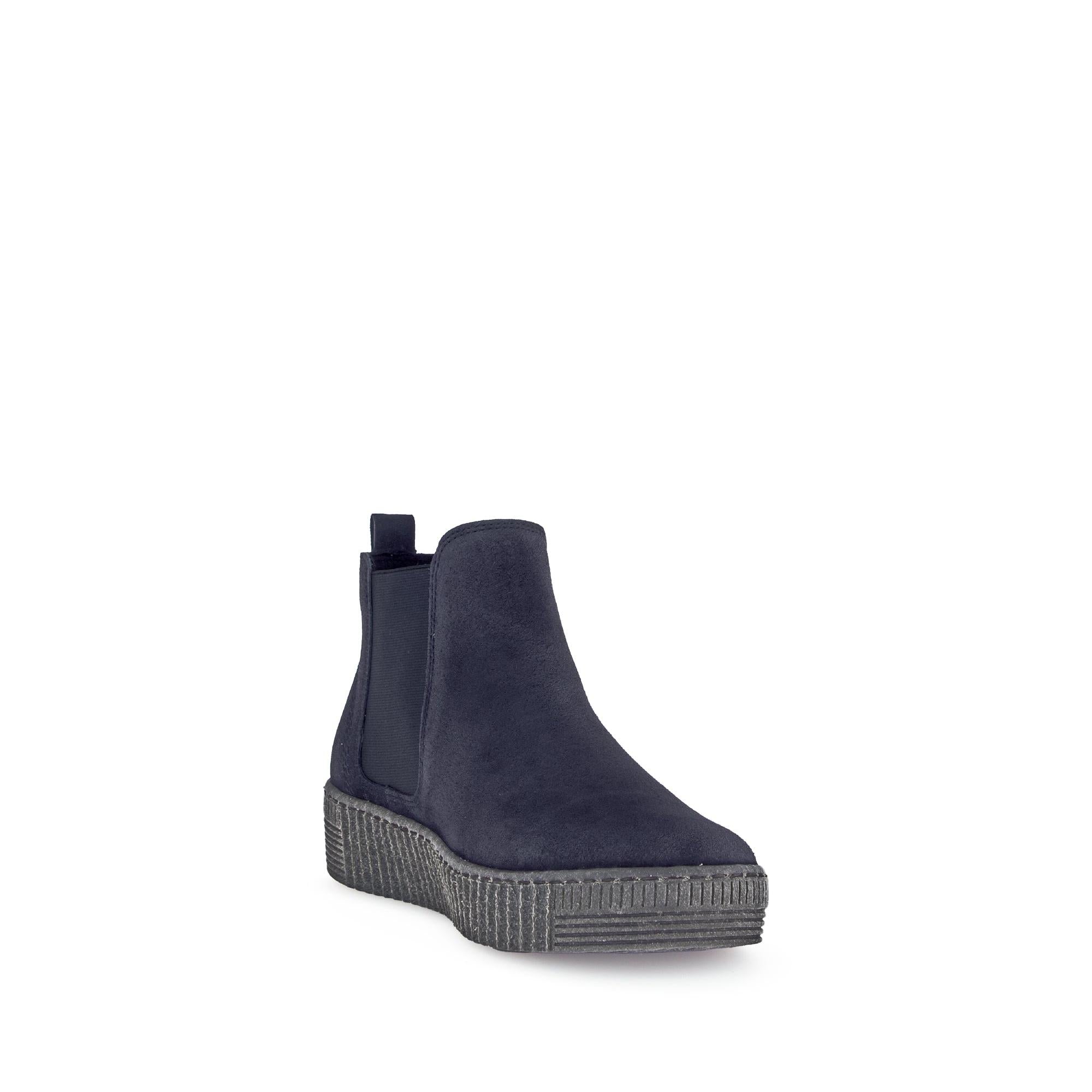 Gabor Lourdes Navy Velour Suede Pull-On Ankle Boots with chunky rubber sole and elastic side panels.