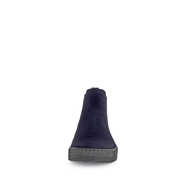 Gabor Lourdes Ladies Ocean Navy Velour Suede Pull-On Ankle Boots with rubber sole and sleek design.