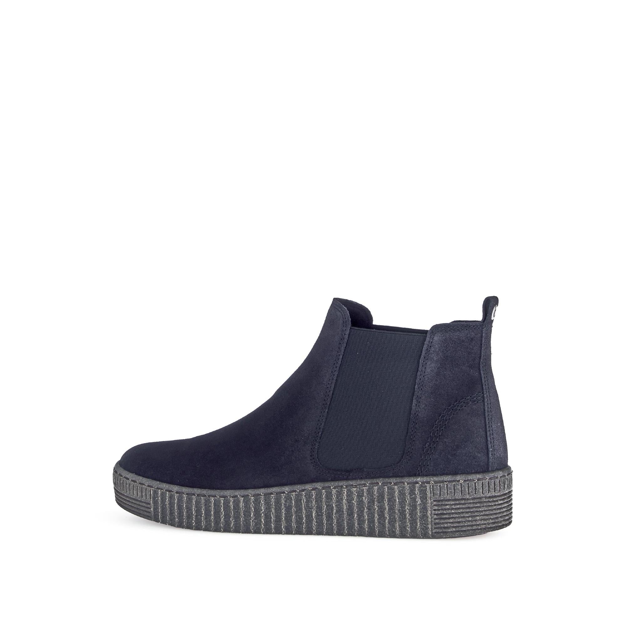 Gabor Lourdes navy velour suede pull-on ankle boots with elastic side panels and textured rubber soles.