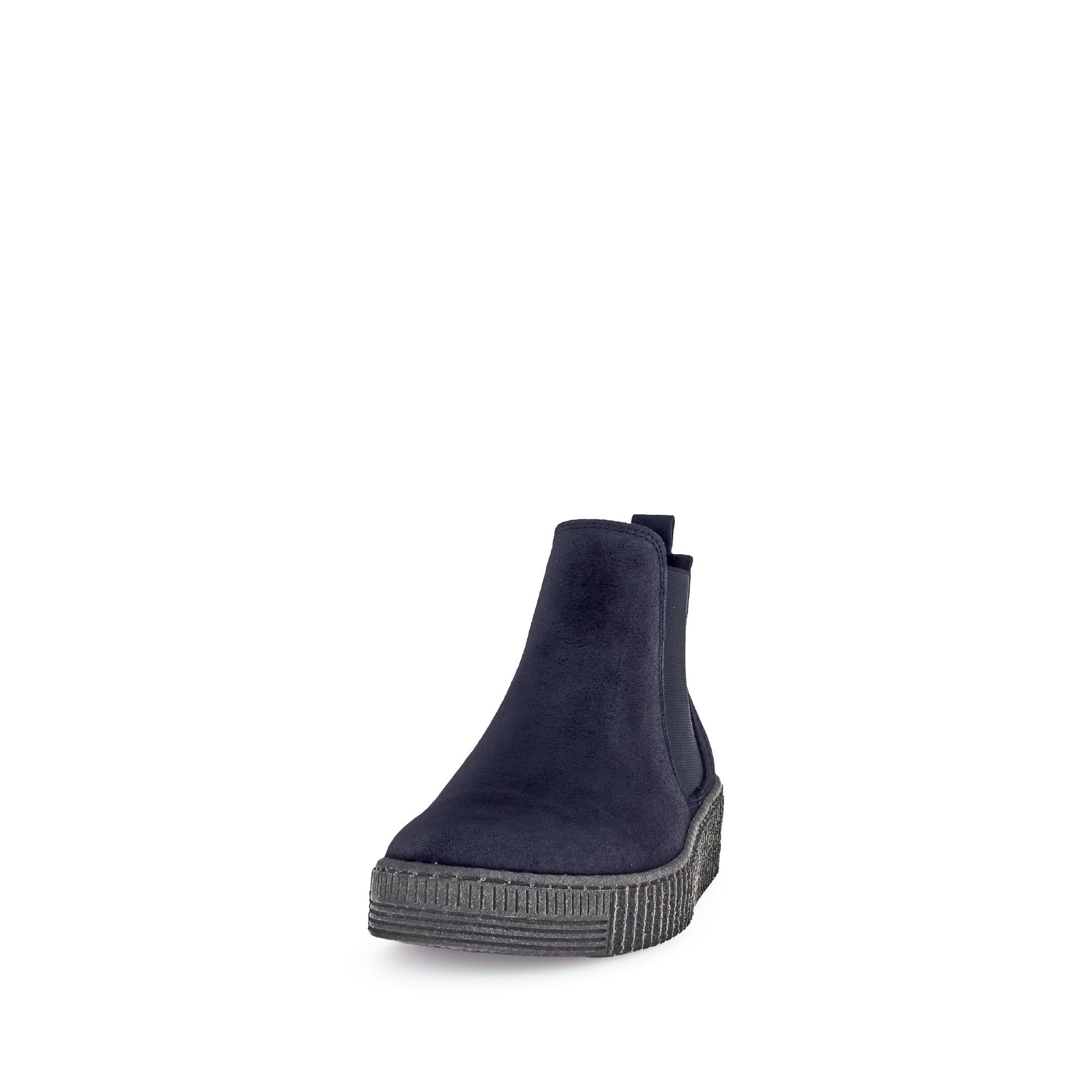 Gabor Lourdes Ladies Navy Velour Suede Pulled-On Ankle Boots with chunky sole and elastic side panels.