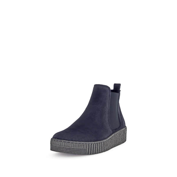 Gabor Lourdes Ladies Navy Velour Suede Pull-On Ankle Boots with elastic side panels and textured rubber sole.