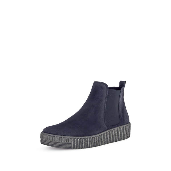 Gabor Lourdes Ladies Ocean Navy Velour Suede Pull-On Ankle Boots with chunky rubber soles.