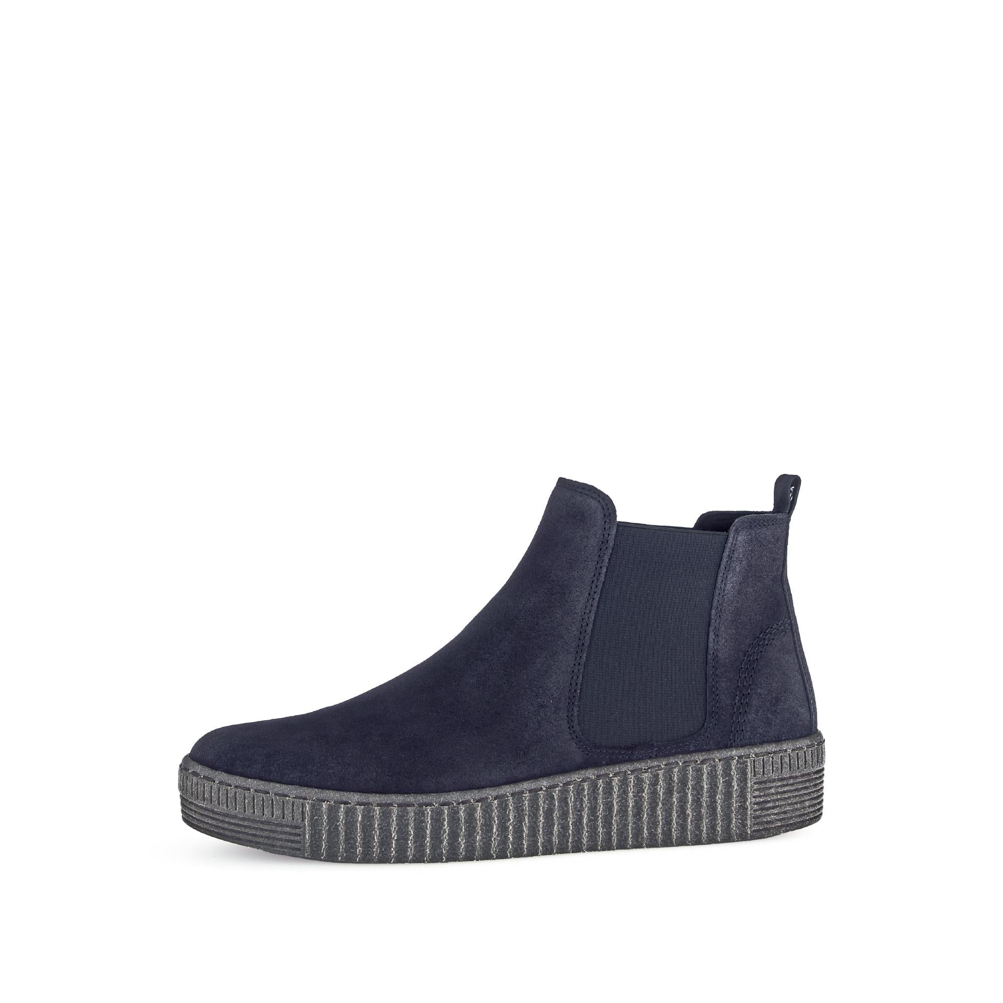 Gabor Lourdes Navy Velour Suede Pull-On Ankle Boots for women with elastic side panels and rugged rubber sole.