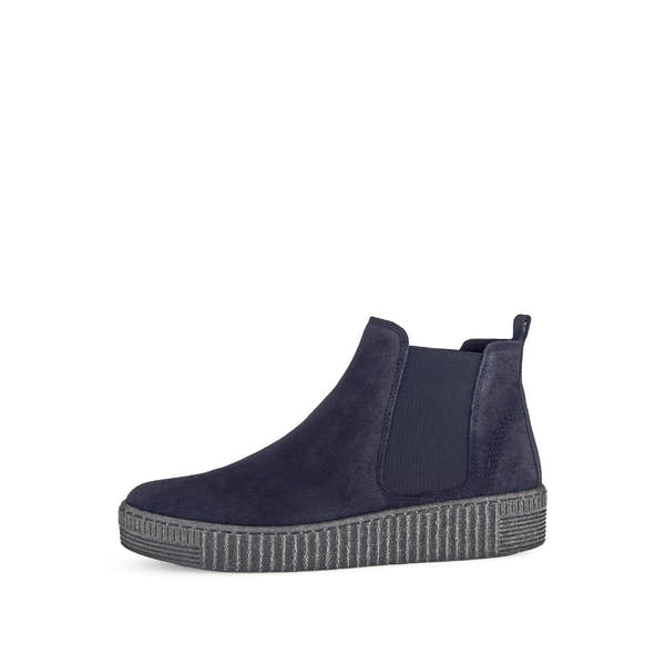 Gabor Lourdes Navy Velour Suede Pull-On Ankle Boots for women with elastic side panels and rugged rubber sole.