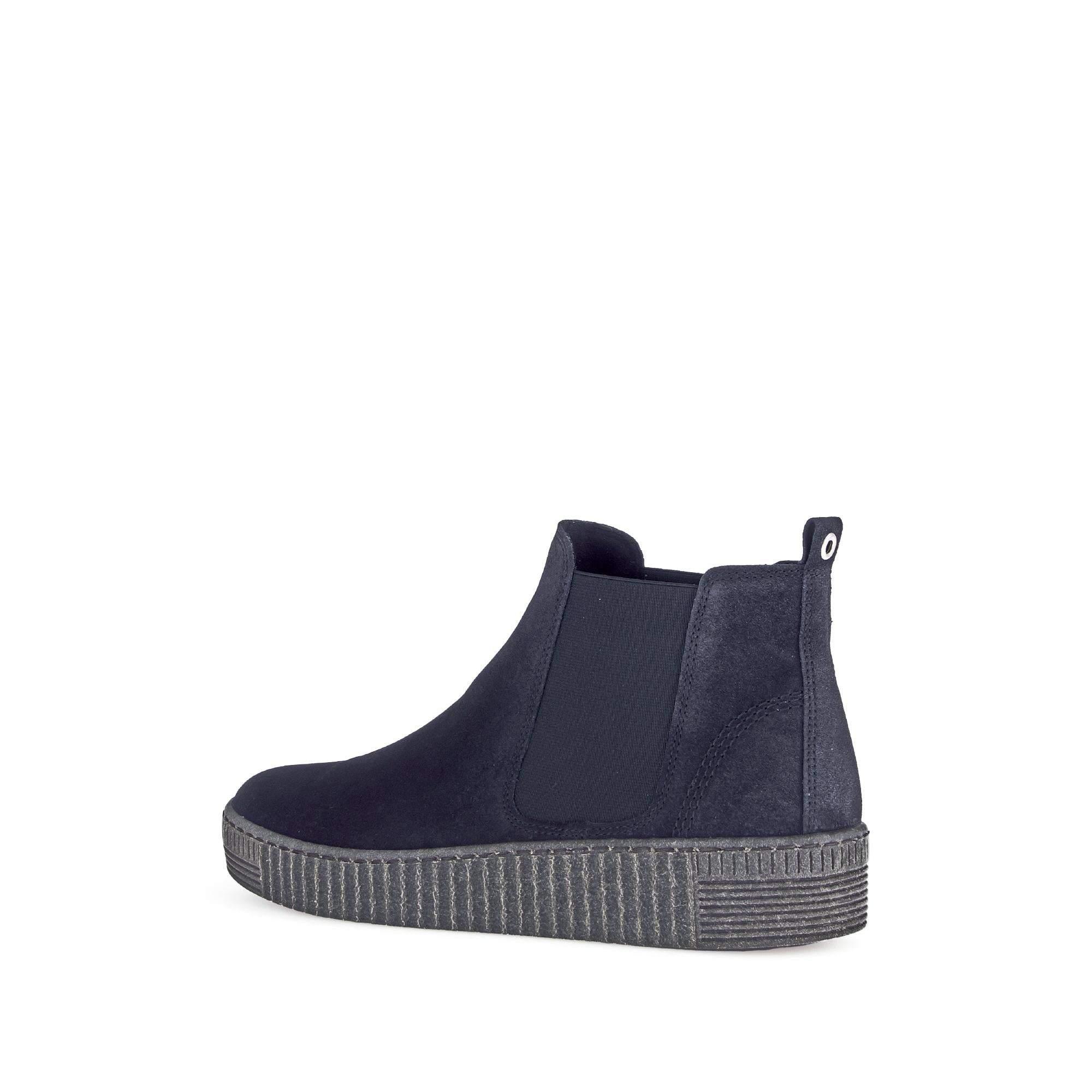 Gabor Lourdes Navy Velour Suede Pull-On Ankle Boots for women, navy blue, velour, slip-on design, durable rubber sole.