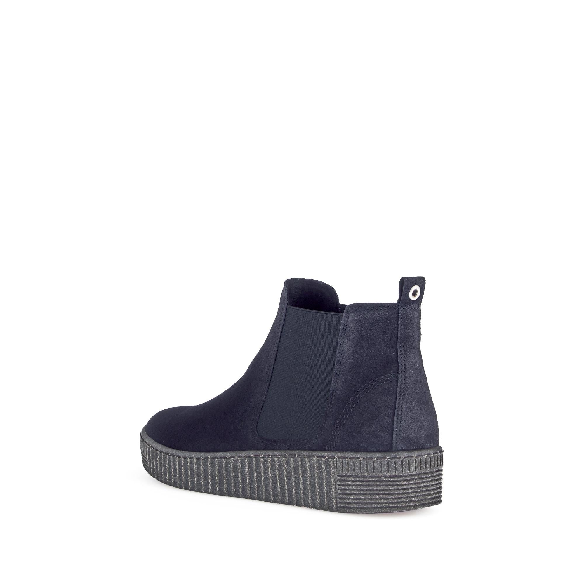 Gabor Lourdes Navy Velour Suede Pull-On Ankle Boots with rubber sole, slip-on design, and pull tab detail.