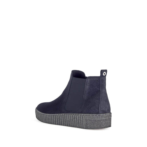 Gabor Lourdes Navy Velour Suede Pull-On Ankle Boots with rubber sole, slip-on design, and pull tab detail.