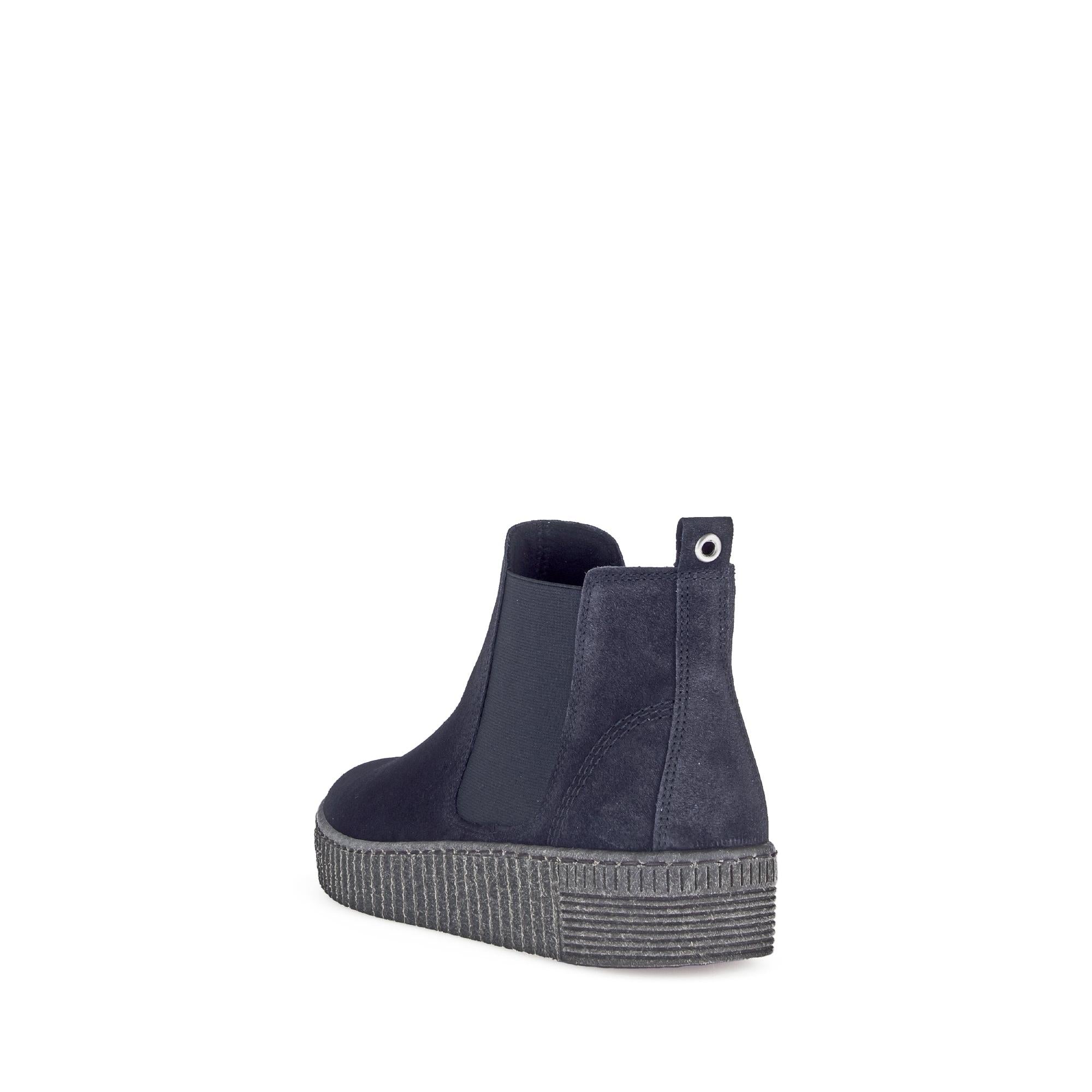 Gabor Lourdes Ladies Ocean Navy Velour Suede Pull-On Ankle Boots, slip-on ankle boots with durable rubber sole and elastic side panels.
