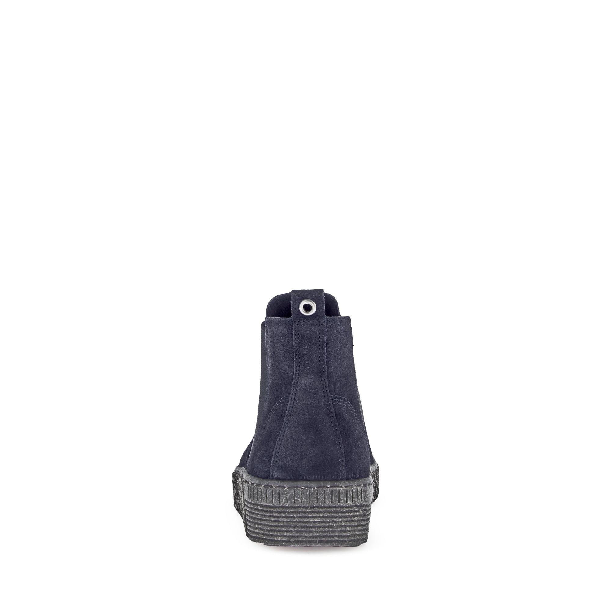 Gabor Lourdes Navy Velour Suede Pull-On Ankle Boots for women, navy color, with slip-on design and chunky rubber sole.