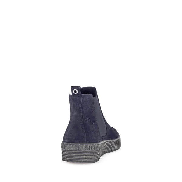 Gabor Lourdes Ladies Ocean Navy Velour Suede Pull-On Ankle Boots, with elastic side panels and rugged rubber sole.