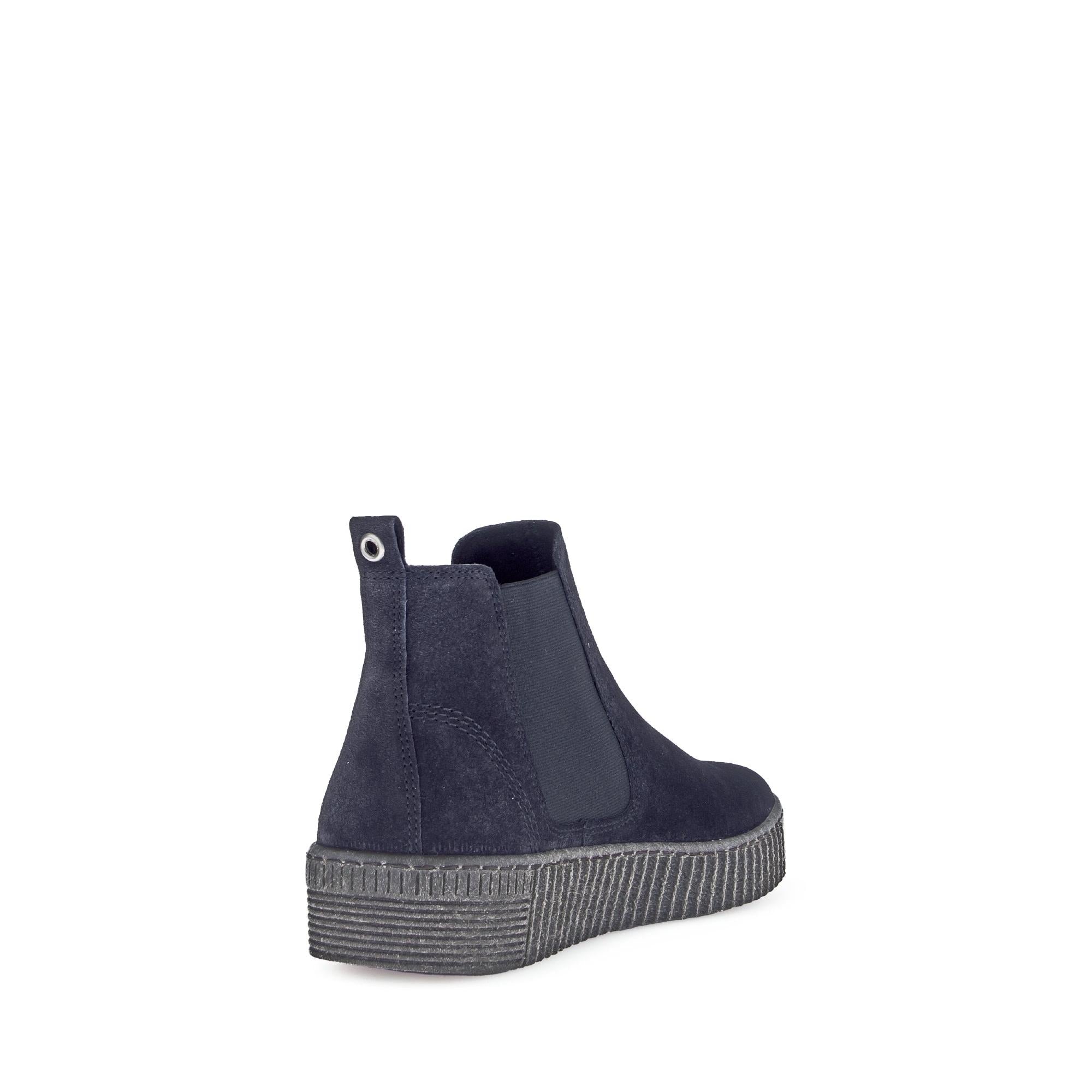 Gabor Lourdes Navy Velour Suede Pull-On Ankle Boots for women with rugged rubber sole and elastic side panels.