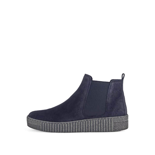 Gabor Lourdes Ladies Ocean Navy Velour Suede Pull-On Ankle Boots with elastic side panels and textured sole.