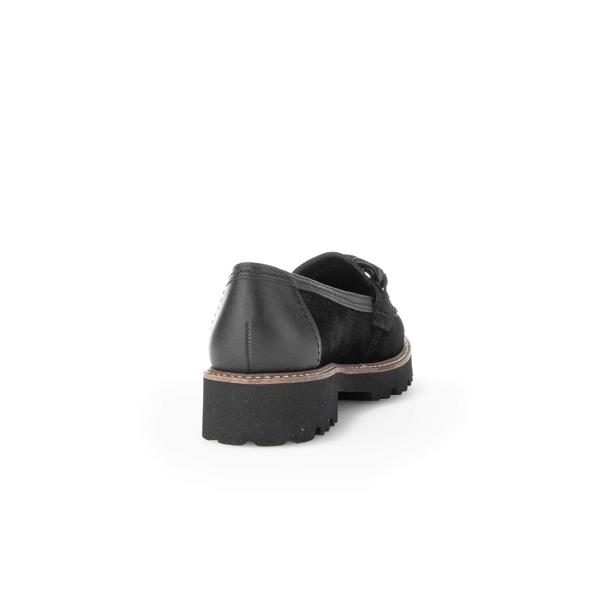 Gabor women's black suede slip-on loafers with chunky rubber sole and leather accents. Classic and stylish footwear.