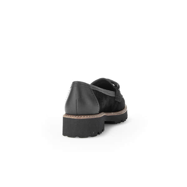 Gabor women's black suede slip-on loafers with chunky rubber sole and leather accents. Classic and stylish footwear.