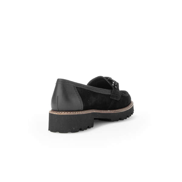 Gabor black suede slip-on loafers for women with chunky rubber soles and classic design.