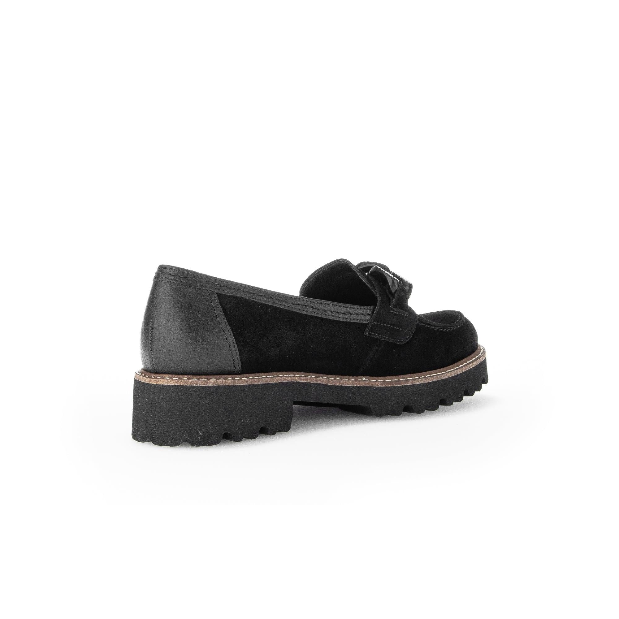 Gabor women's black suede slip-on loafers with chunky sole, leather accents, and casual stylish design.