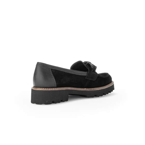 Gabor women's black suede slip-on loafers with chunky sole, leather accents, and casual stylish design.