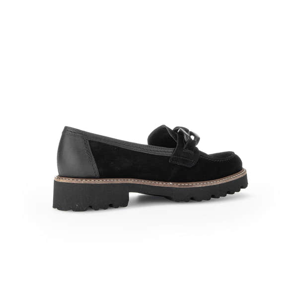 Gabor ladies' black suede slip-on loafers with chunky rubber sole and decorative bow detail.